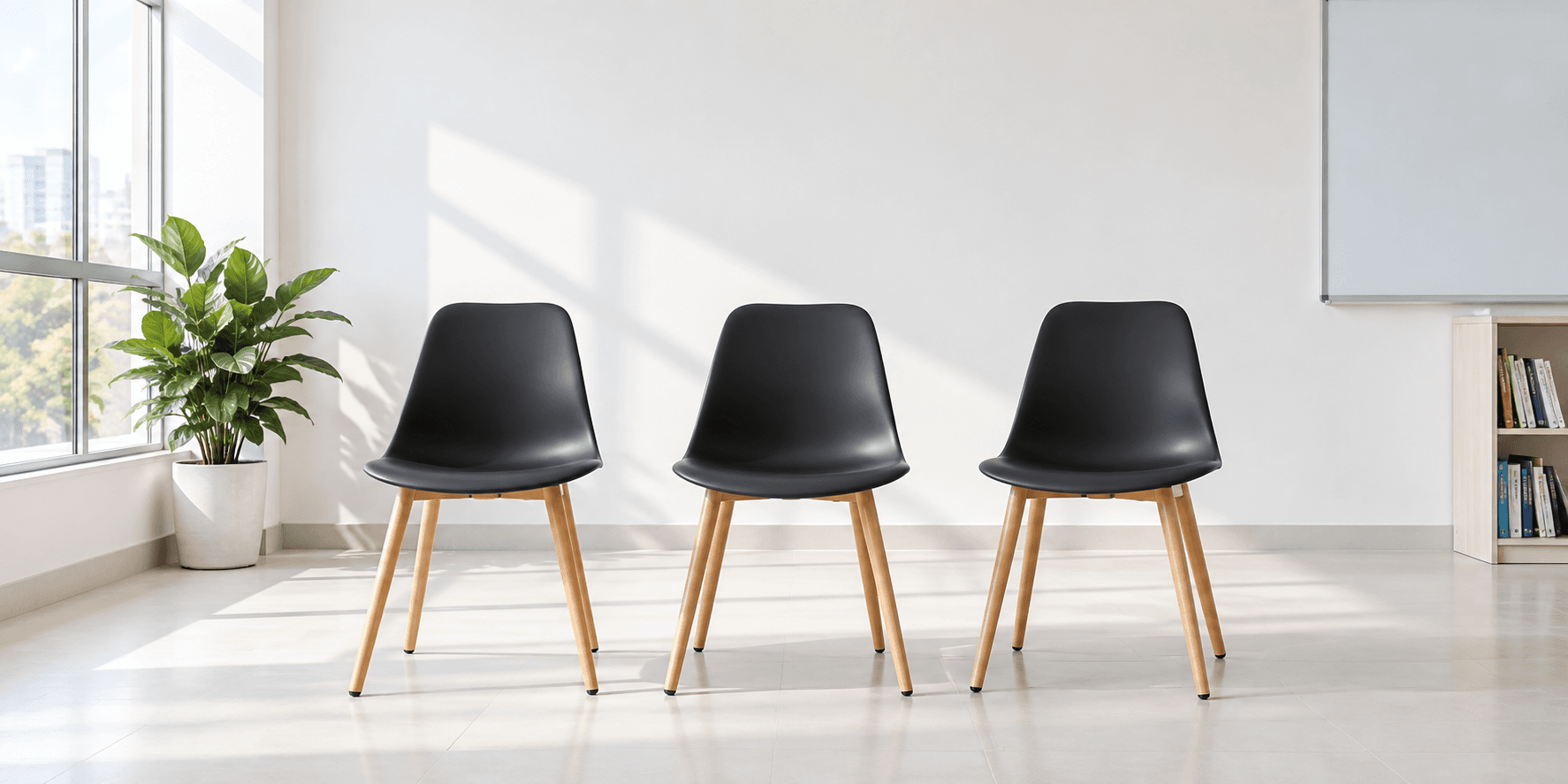 Three empty chairs, with nobody available for a group conversation