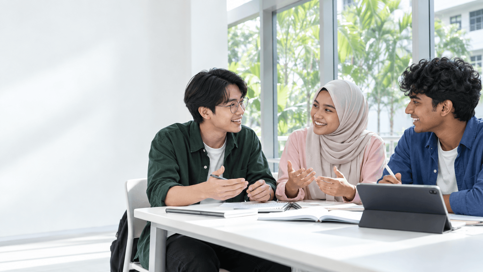 Three Malaysian student peers sharing ideas around a study table